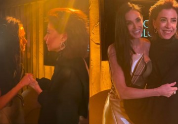 Demi Moore parabeniza Fernanda Torres nos bastidores do Globo de Ouro